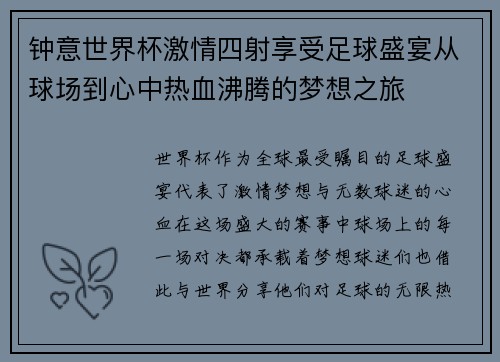 钟意世界杯激情四射享受足球盛宴从球场到心中热血沸腾的梦想之旅